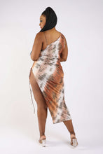 Load image into Gallery viewer, Plus Size Ombre Mocha Mousse &amp; Metallic Animal Print One Shoulder Dress With High Slit
