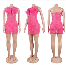 Load image into Gallery viewer, Pink Feather Pearl &amp; Bling Embellished Dress
