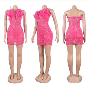 Pink Feather Pearl & Bling Embellished Dress