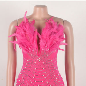 Pink Feather Pearl & Bling Embellished Dress